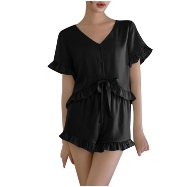 Cameland Womens Pajama Sets Ruffle Short Sleeve Top with Shorts Suit Soft 2 Piece Pj Lounge Set Sleep Sleepwear