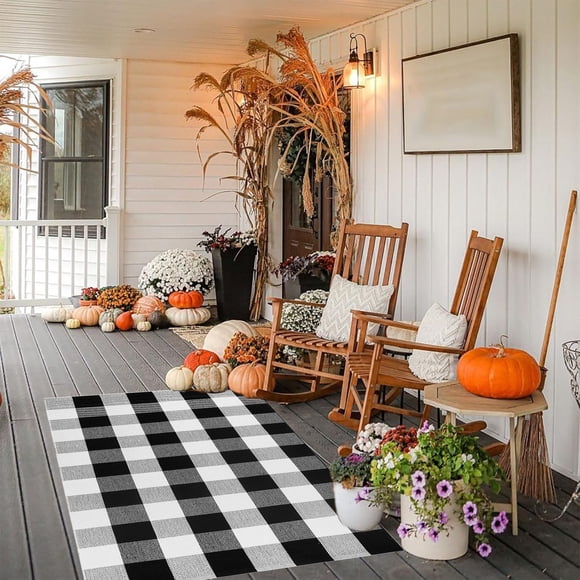 HOARBOEG Buffalo Plaid Area Rugs 15.7x23.6 Inches Black and White Checkered Rug Washable Front Door Mat Hand Woven Cotton Outdoor Rug Small Rug for Front Porch Kitchen Entryway Patio Bathroom, Black