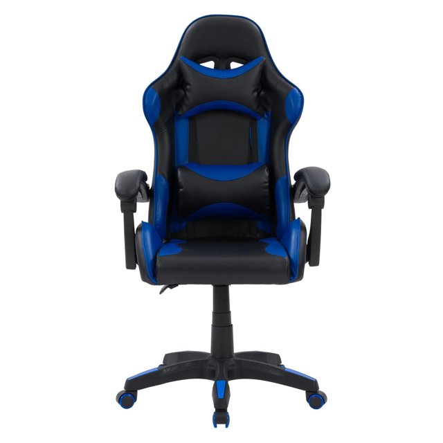 CorLiving Ravagers Vinyl PVC Fabric Ergonomic Adjustable Height Gaming Chair for Adults in black and blue with high-back design, adjustable headrest and lumbar support pillows, reclining armrests, 145-degree tilt, 360-degree swivel, and 5-star base with smooth-rolling casters, ideal for gaming or office use.