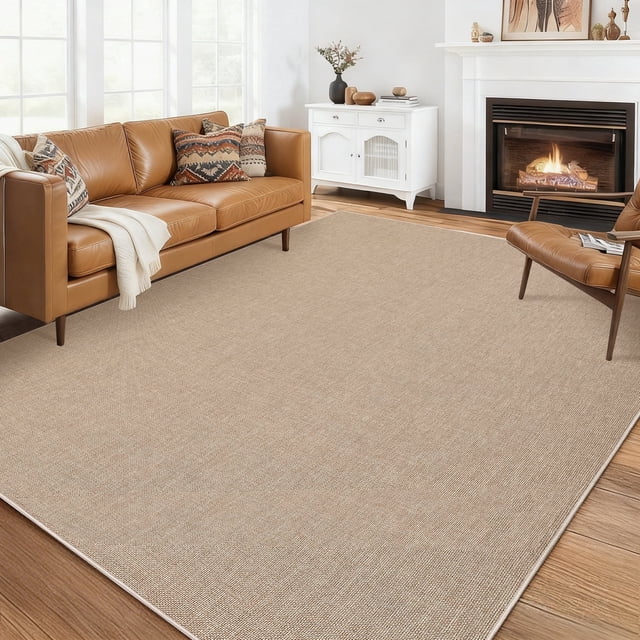 Garvee 5'x7' Modern Solid Color Area Rug Minimalist Woven Textured Carpet, Washable Rug Non Slip Low Pile Indoor Mats for Living Room Bedroom Dining Room, Camel