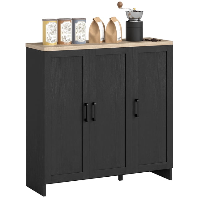 HOMCOM Buffet Moderne avec Tablettes Ajustables en Noir, Doté d'Un Dessus en Bois Naturel et de Trois Portes de Style Shaker. Cette table de Buffet Offre Deux Compartiments à Trois Niveaux avec Tablettes Ajustables pour un Rangement de Cuisine Polyvalent. Conçue pour les Espaces de Salle à Manger Ou de Vie, Elle Présente une surface en Panneau de Particules Lisse et un design Anti-Basculement pour la Sécurité.