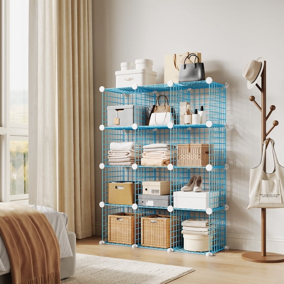 Rangement en Cubes en Fil Métallique, Organisateur de Rangement en Métal à 12 Cubes, Bacs de Rangement à Grilles avec Étagères, Étagère Bibliothèque Modulaire, Armoire de Garde-Robe Idéale pour Chambre, Bureau, 37.4 Pouces L x 48.8 Pouces H x 12.6 Pouces P