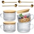 thumbnail image 1 of 4pcs Set Vintage Coffee Mugs gifts for women, Overnight Oats Containers with Bamboo Lids and Spoons - 14oz Clear Embossed Glass Cups, Cute Coffee Bar Accessories, Iced Coffee Glasses Clear 4 Pack, 1 of 5