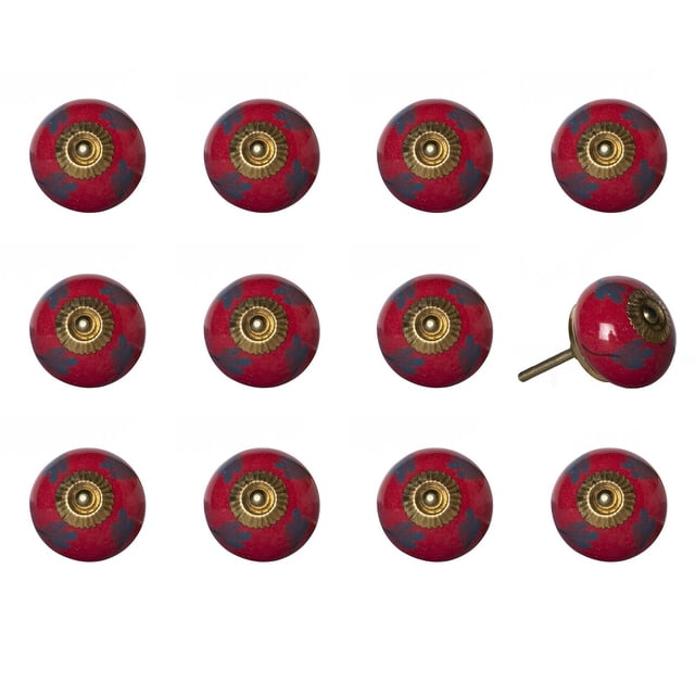 KNOB-IT vintage handpainted ceramic knobs 12-pack featuring round red decorative cabinet hardware with blue leaf patterns and antique brass centre, each knob includes a threaded bolt for easy installation on drawers, cupboards, or furniture updates.