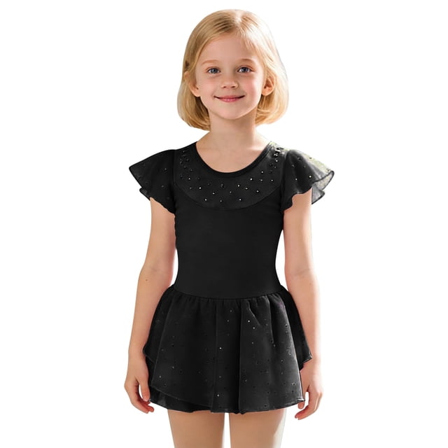 Combinaison de Ballet pour Filles Jupe Scintillante Manches Courtes Justaucorps de Danse Pratique Performance