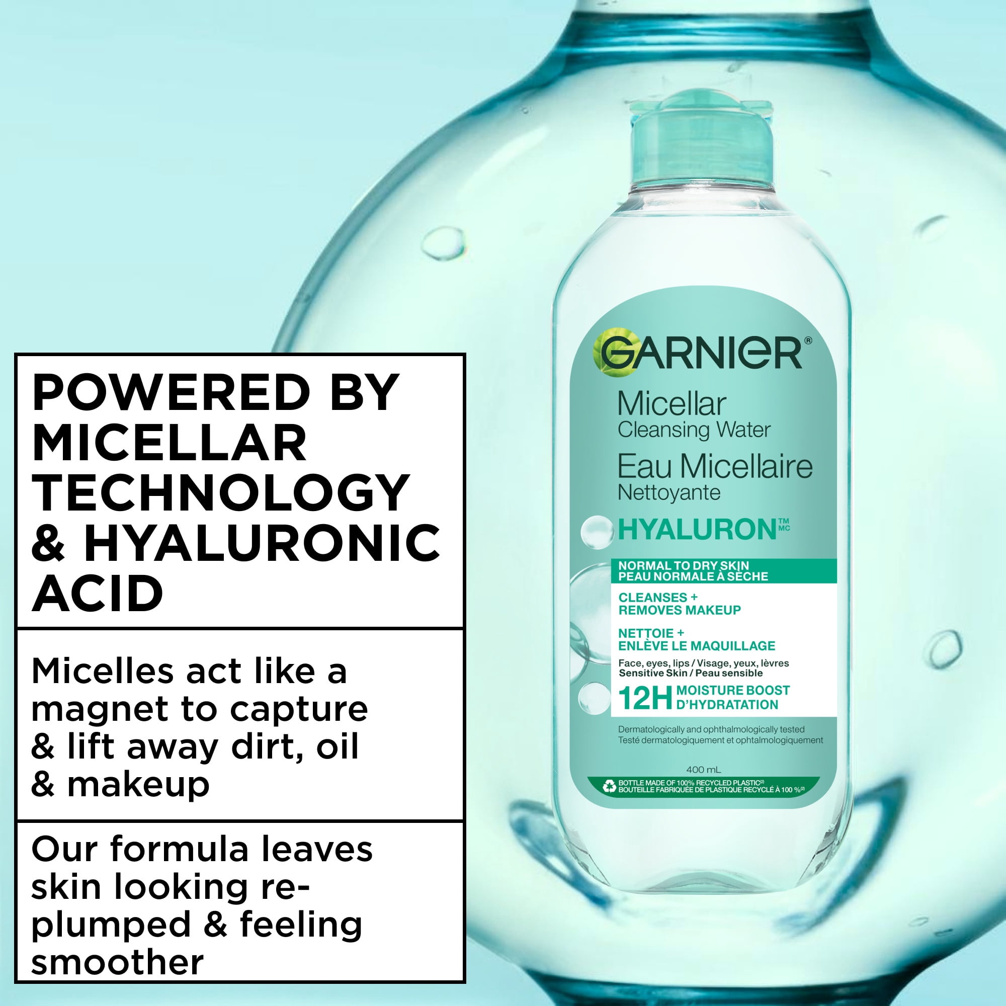Garnier Eau Micellaire Nettoyante Tout-en-1 à L'acide hyaluronique, Convient Aux Peaux Sensibles, Cruelty Free International et Végétalien
