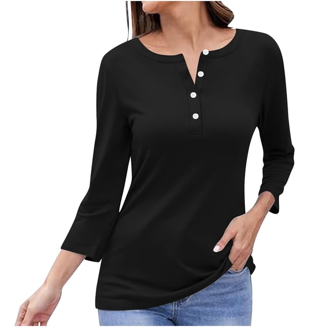 Timegard Tops for Women Long Sleeve Notched V-Neck Button Shirts Solid Color Fall Casual Loose Comfy Tops