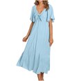 thumbnail image 2 of Jusqu'à 65 % de Rabais! Robes d'Été Mode pour Femmes 2024 Grande Taille Col en V Manches Courtes Unies Taille Robes, 2 of 9