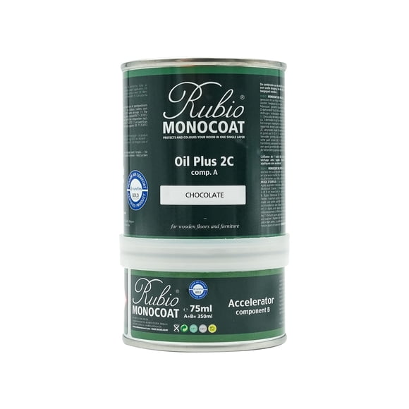 Rubio Monocoat Wood Stain & Finish 175 ft² - Chocolate | Oil Plus 2C | Quick-Dry, Eco-Friendly Linseed Wood Oil for Indoor Use, Includes Accelerator (Part B) | Protector | 350 ml