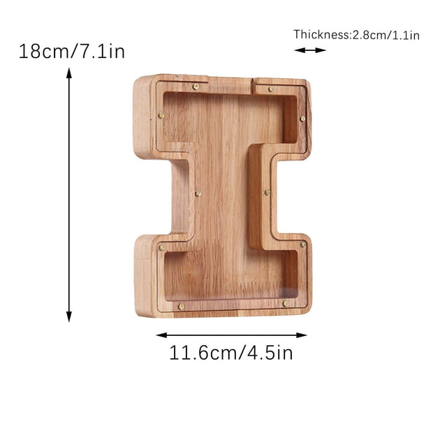 Agiferg Personalized Wooden Name Money Box shaped like the letter 'I,' crafted from natural wood with a transparent acrylic cover for viewing savings. Dimensions are 18cm/7.1in in height, 11.6cm/4.5in in width, and 2.8cm/1.1in in thickness. Ideal as a piggy bank, money jar, or decorative piece for children and adults.