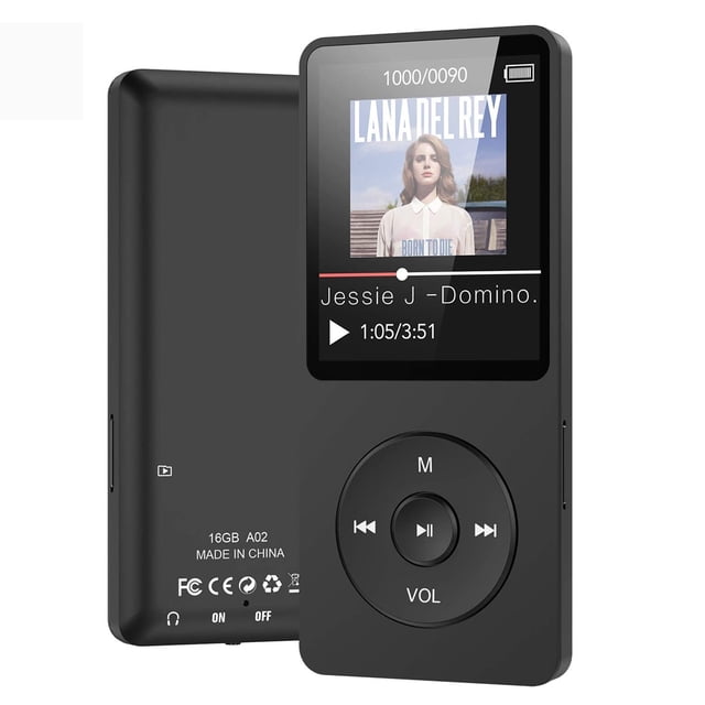 Lecteur Carte MP4 Mini MP3 Baladeur pour Étudiant au design Noir Épuré, Doté d'Un Écran TFT Haute Définition de 1,8 Po Affichant l'Album et des Commandes de Lecture. Comprend une Carte Mémoire de 16 Go, Prend en Charge les formats MP3 et AMV, et Offre des Fonctions Multifonctions comme la radio FM, une Liseuse, un Enregistreur Vocal et un Podomètre. Léger et portable, Convient aux Activités de Plein Air et comme Lecteur audio compact.