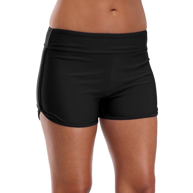 Charmo Women Swimsuit Bottom Tummy Control Swimming Shorts Solid Swim Trunks in black, designed for women's swimwear. Features a mid-rise elastic waistband, side split design, and flat-lock seams. Made with stretchy, quick-dry fabric and built-in soft lining for comfort and non see-through coverage. Perfect tankini bottom for swimming, biking, running, and other water activities.