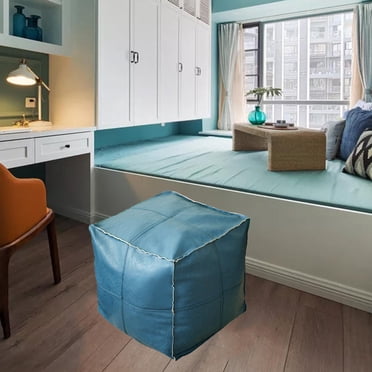 PU Leather Pouf Embroider Craft Hassock Ottoman Footstool Nordic Style Artificial Leather Unstuffed Cushion Blue Square