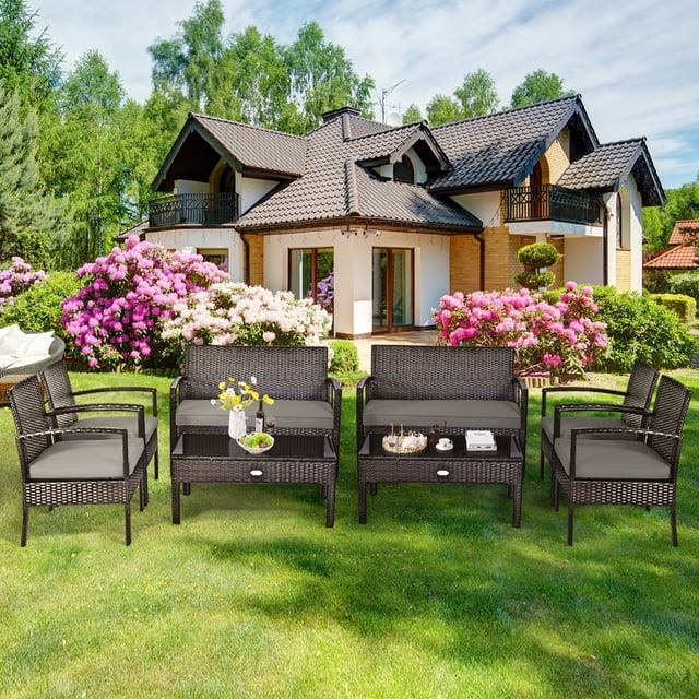 Gymax 8PCS Rattan Patio Conversation Set Outdoor Furniture Set Garden w/ Cushion