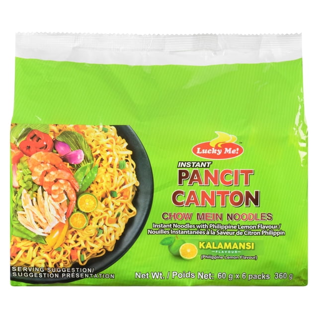 Lucky Me! Instant Pancit Canton Calamansi Flavour multipack with six 60g packs, featuring a green package showing a black bowl of stir-fried noodles topped with shrimp, sliced chicken, vegetables, and calamansi lime slices, highlighting authentic Philippine lemon-flavoured chow mein noodles ideal for quick, flavorful meals.