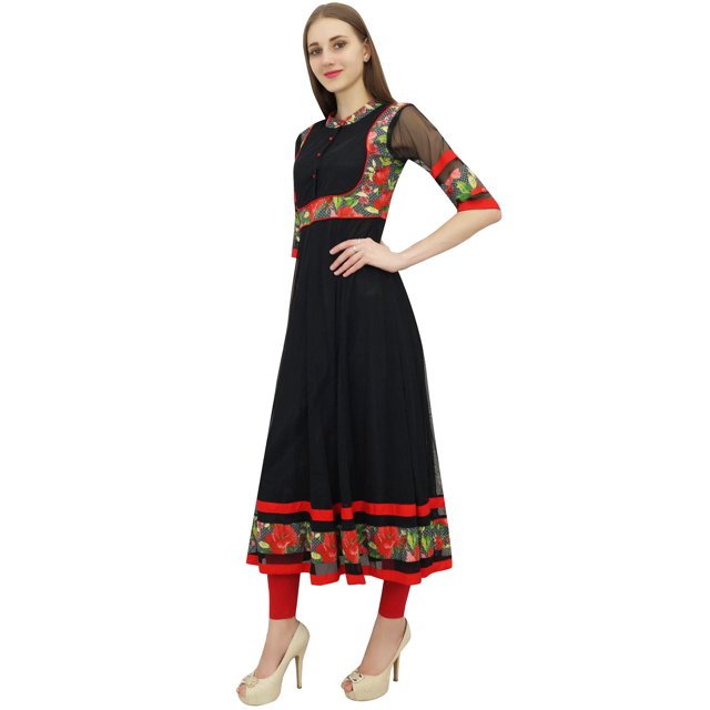 Bimba Kurti Anarkali Longue Évasée Noire pour Femme Kurta Blouse Classique Indienne-18