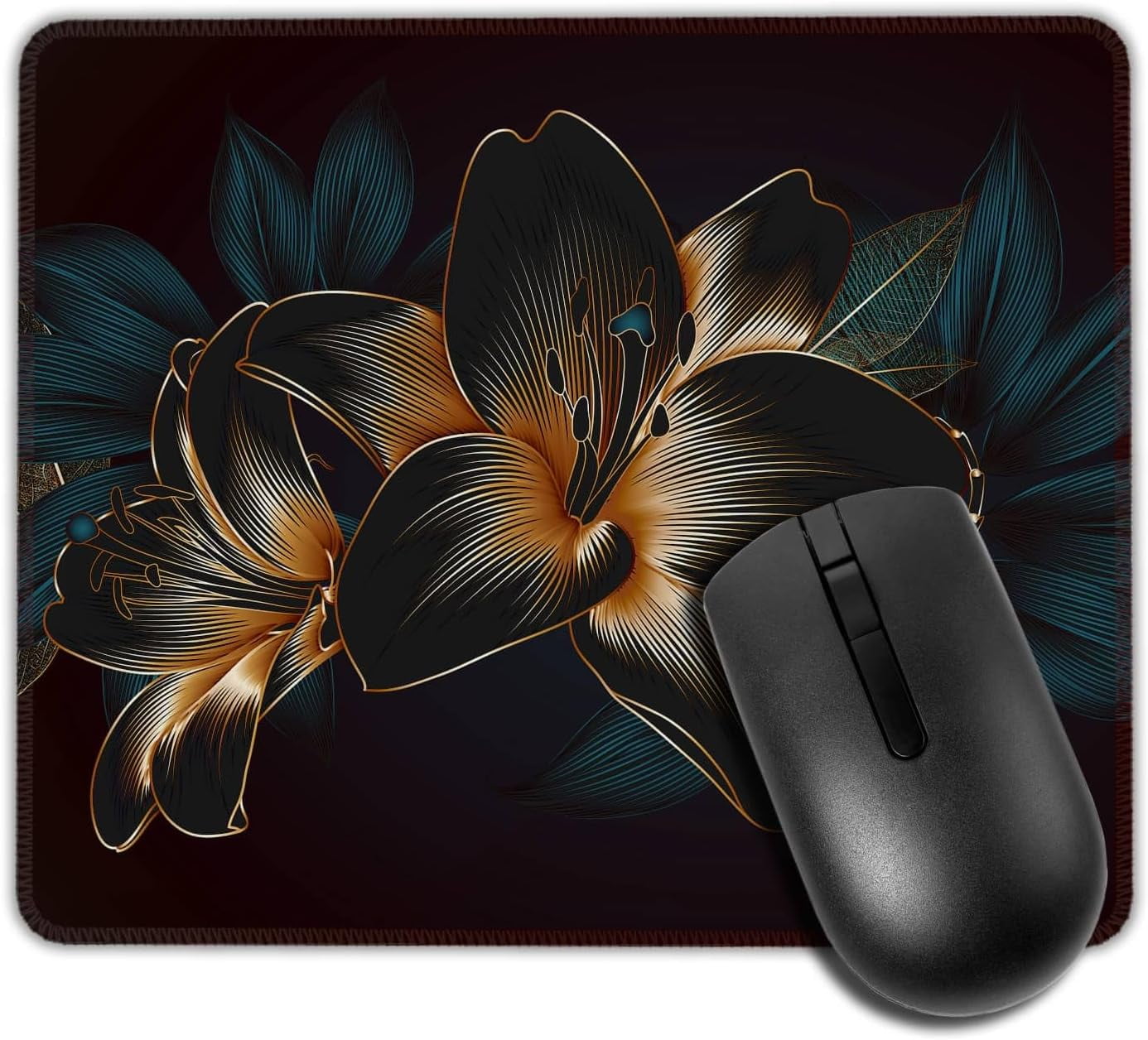 Golden Lilies Flowers Mouse Pad Square NonSlip Rubber Base Computer Mousepad, Durable Stitched Edges, Perfect for Gaming, Work, Office Laptop, 9.5x7.9 Inch