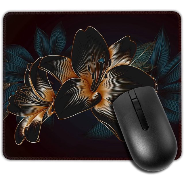Golden Lilies Flowers Mouse Pad Square NonSlip Rubber Base Computer Mousepad, Durable Stitched Edges, Perfect for Gaming, Work, Office Laptop, 9.5x7.9 Inch