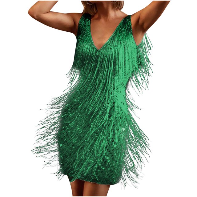 CEHVOM Mode Femmes Aguichant Col en V Couleur Unie à Franges Robe Sans Manches Jupe Courte