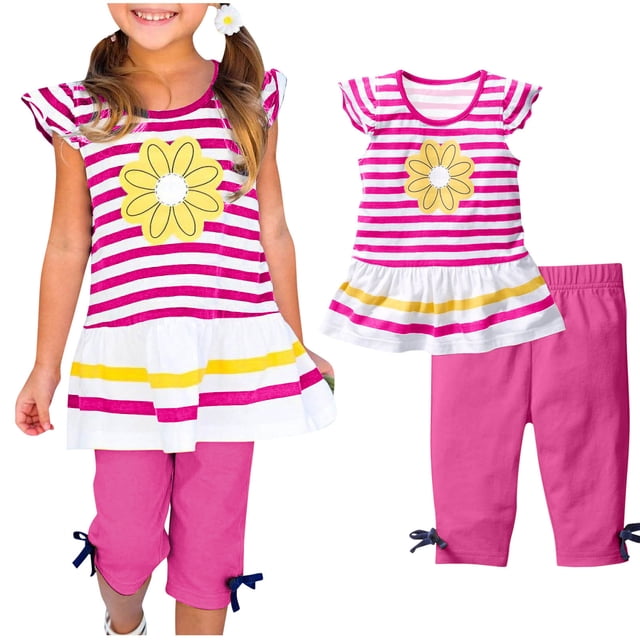 Mefallenssiah Ensembles de Blouses et Chemises à Manches Courtes à Col Rond Mettant en Valeur un Ensemble pour Fille avec un Haut Rayé Rose et Blanc avec un Imprimé de Fleurs Jaunes et un Ourlet à Volants, Assorti à un Pantalon capri Rose avec des accents de Nœud. Conçu pour le Confort avec 95 % polyester et 5 % Élasthanne, Idéal pour les Tenues Décontractées, les Fêtes, les Jours Fériés et les Activités Quotidiennes.