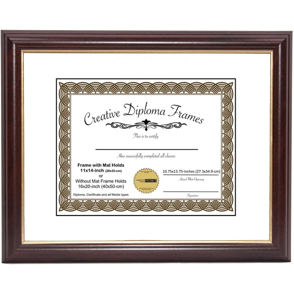 CreativePF [11x14-Diploma] Mahogany Frame with Gold Rim, White Matting Holds 11x14-inch Documents with Glass and installed Wall Hanger