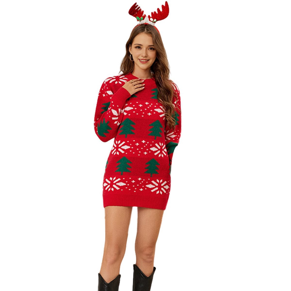 christmas knitted dress Women Sweater Long Sleeve Crewneck Jumper Sweater Xmas Reindeer Knitwear Pullover Red Dress M Grinch