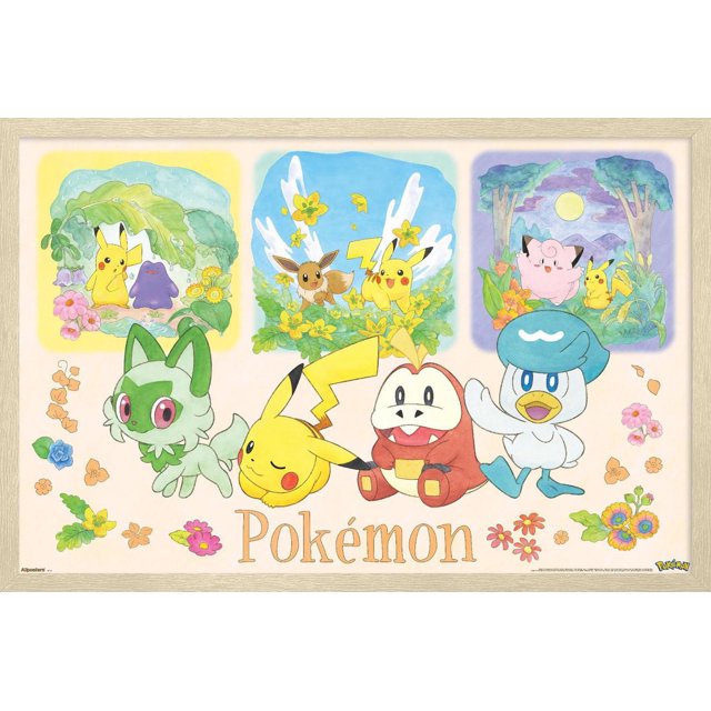 Pokémon: One Scene - Group Wall Poster, 14.725" x 22.375" framed wall art featuring a group of Pokémon characters including Pikachu, Eevee, Clefairy, and others surrounded by flowers and nature-themed backgrounds in three panels above the main group, designed as vibrant room decor with a light wood frame and Pokémon logo at the bottom.