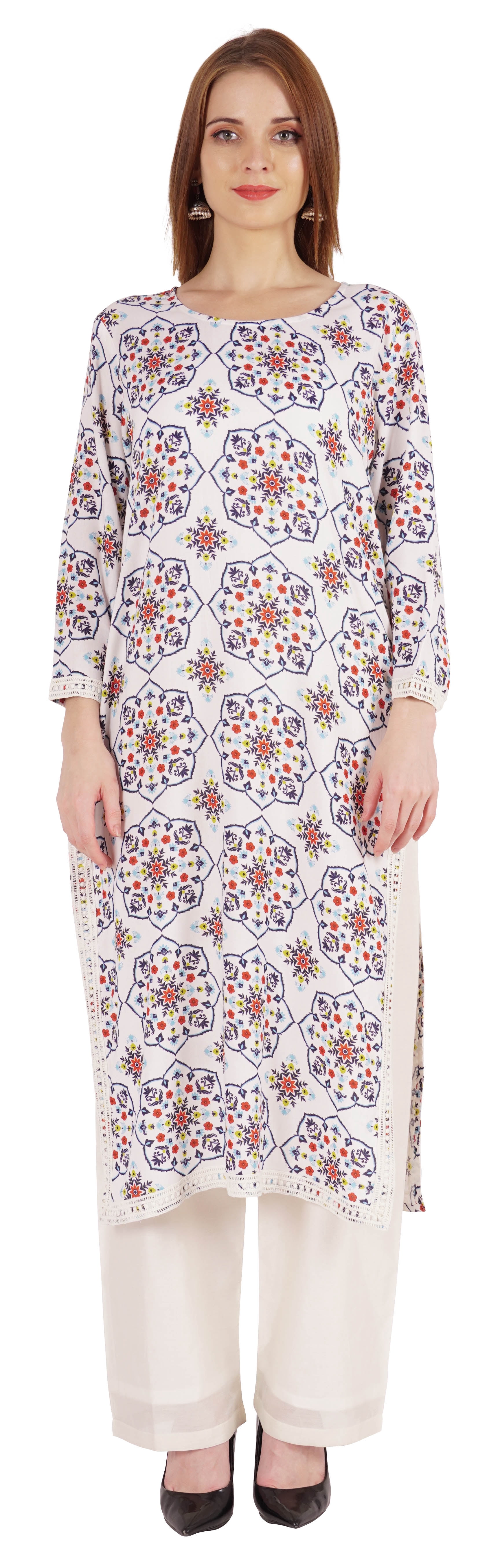 Moomaya Indian Rayon Kurta For Women Printed A-Line Kurti Lace Designer Ethnic Wear Shirt