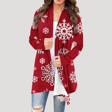 Qertyioot Cardigan Manteau à Manches Longues Ample pour Femmes, Imprimé de Noël d'Hiver, Mode