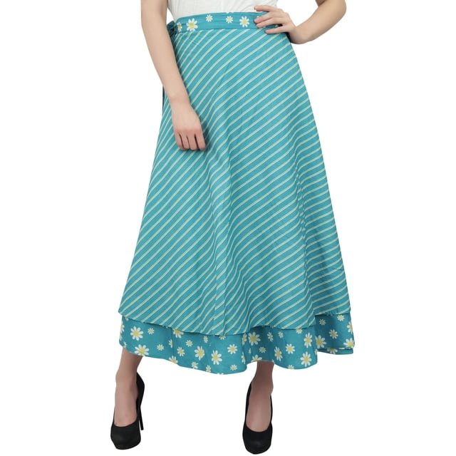 Phagun Jupe Portefeuille Réversible en Coton Bleu Turquoise à Imprimé Floral Style Indien