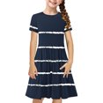 thumbnail image 2 of Soldes de Liquidation d'Été Iumwxz Robe Tunique Plissée Robe Ample Ligne A Robes Col Rond Rayé Graphique Robe à Manches Courtes pour Enfants Robes Tendance pour Cadeaux des Fêtes 4-14a, 2 of 7
