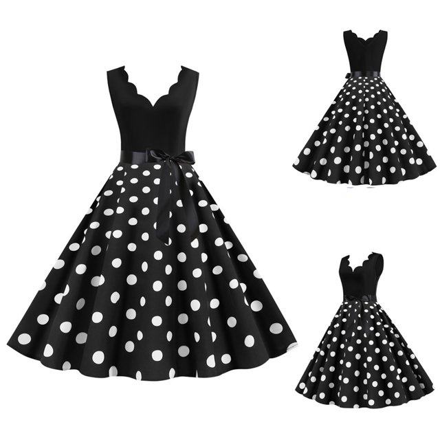Kcodviy Robe Gothique Vintage d'Été à Pois pour Femme, Imprimé, Sans Manches, Décontractée, Soirée, Élégante, Robes 2025, Robe de Fête, Robe de Bal