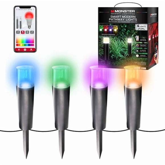 Monster Smart 4-Pack Water-Resistant Modern Multicolor & Multiwhite RGB+IC LED Pathway Lights, Music Mode, Voice & Wifi Mobile App Control, 24ft Corded Electric