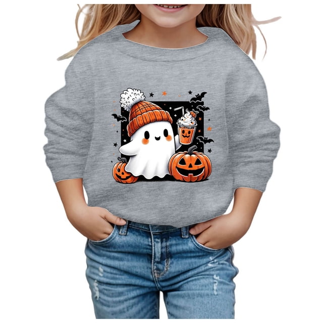 GDREDA Chandails à Capuchon et Chandails pour Filles, Mignons, Imprimés, Col Rond, Manches Longues, Mode Halloween pour Enfants, Gris, 4-5 Ans