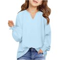 thumbnail image 1 of MeetoTime Girls Solid Color Loose Puff Sleeve Long Sleeve V-neck Top Spring Fall Kids Shirt 6-16 Years, 1 of 7