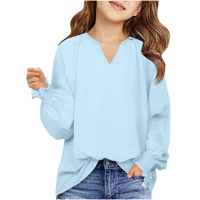 MeetoTime Girls Solid Color Loose Puff Sleeve Long Sleeve V-neck Top Spring Fall Kids Shirt 6-16 Years