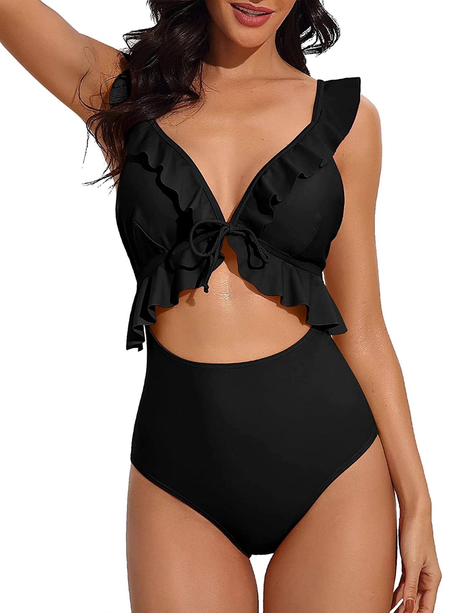 Charmo One Piece Bathing Suit for Women Ruffle Cut Out Swimsuits Strappy Monokinis