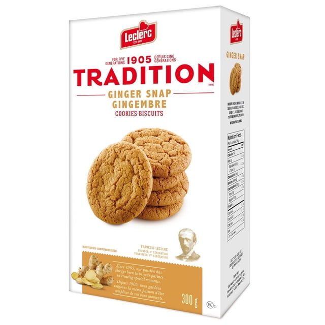 Tradition Ginger Snap Cookie box displaying a stack of round, cracked ginger snap cookies on white packaging with red and gold text and the Leclerc 1905 logo. The front shows fresh ginger root and a portrait of founder François Leclerc. The 300g box highlights a traditional recipe passed through five generations, suitable for enjoying as a classic snack or with tea.
