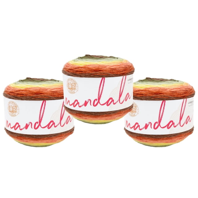Lion Brand Yarn Mandala Multicolor Light DK Acrylic 3 Pack Yarn with three round skeins showing gradient colors of brown, orange, yellow, and green, each wrapped in a white label with red 'mandala' text, suitable for crochet and knitting projects like scarves and hats.