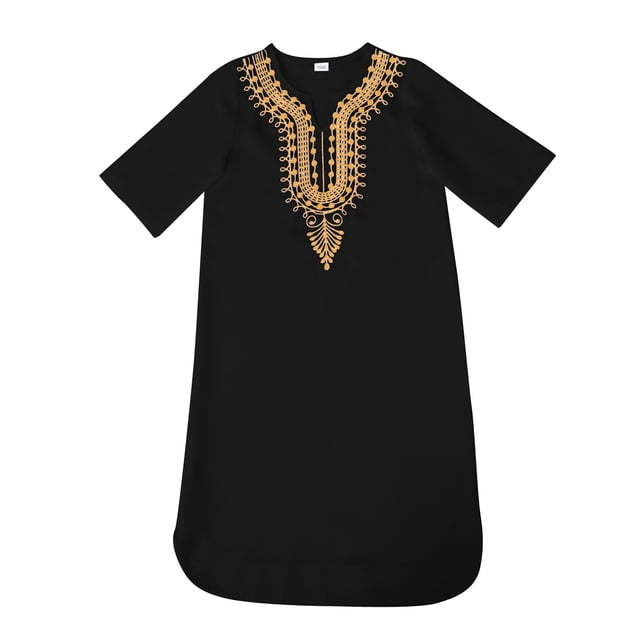 T-shirts Garçons Enfants Classique Africain Dashiki Décontracté Ample Manches Courtes Robe Musulmane Noir 3-4 Ans