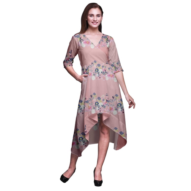 Bimba Cotton Pink Ranunculus & Chrysanthemum Floral Womens Asymmetrical Pocket ShiftDressSummer Party MidiDress-Medium