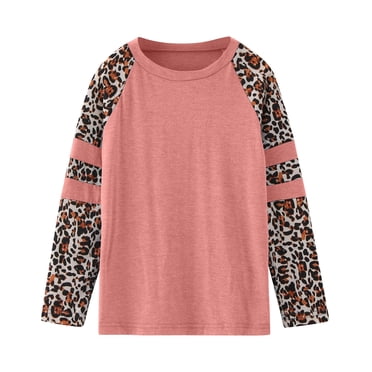 Kcodviy Toddler Kids Little Girl's Undershirt with Shelf Bra Crewneck Solid Leopard Basic T Shirt Long Sleeve Kids T Shirt Tops Long Womens Shelf Bra Camisoles Sleeve Loose Casual Autumn Blouse Tee