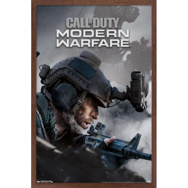 Call of Duty : Modern Warfare Affiche Murale Multijoueur Représentant un Soldat Portant un Casque Tactique avec un Équipement de vision Nocturne Visant un Fusil à Lunette sur un Champ de Bataille Enfumé, Imprimée sur Papier Lustré et Encadrée de Bois, Mesurant 22,375 par 34 Pouces, Convient à la Décoration Murale de Salle de Jeux Ou de Bureau.