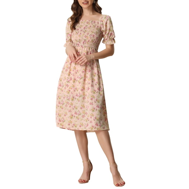 INSPIRE CHIC Robe pour Femme Smockée à Fleurs à Encolure Carrée Manches Courtes Bouffantes Printemps Été Robes Midi Rose TG