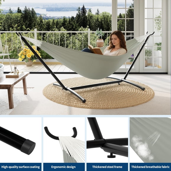 Double Hammock with Stand – Heavy Duty Steel, Portable & Space-Saving – Polyester Cotton, 450 lb Capacity – for Outdoor, Patio, Garden & Yard – Includes Carry Bag