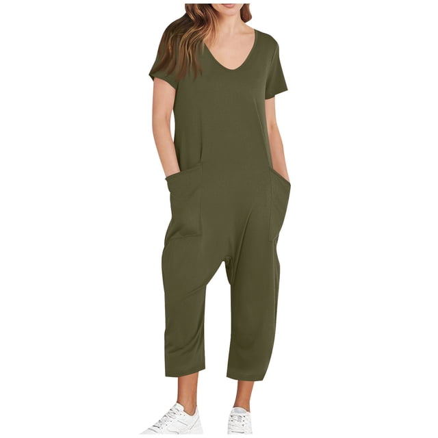 Yuyuzo Jumpsuits for Women Short Sleeve V Neck Rompers Wide Leg Cropped Pants Overalls with Pockets