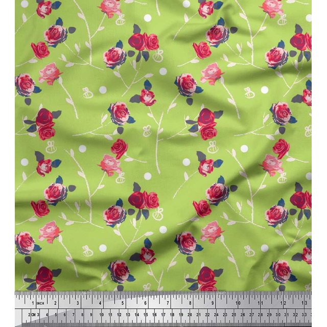 Soimoi Rayon Fabric Leaves, & Rose Floral Print Fabric by Yard 56 Inch Wide