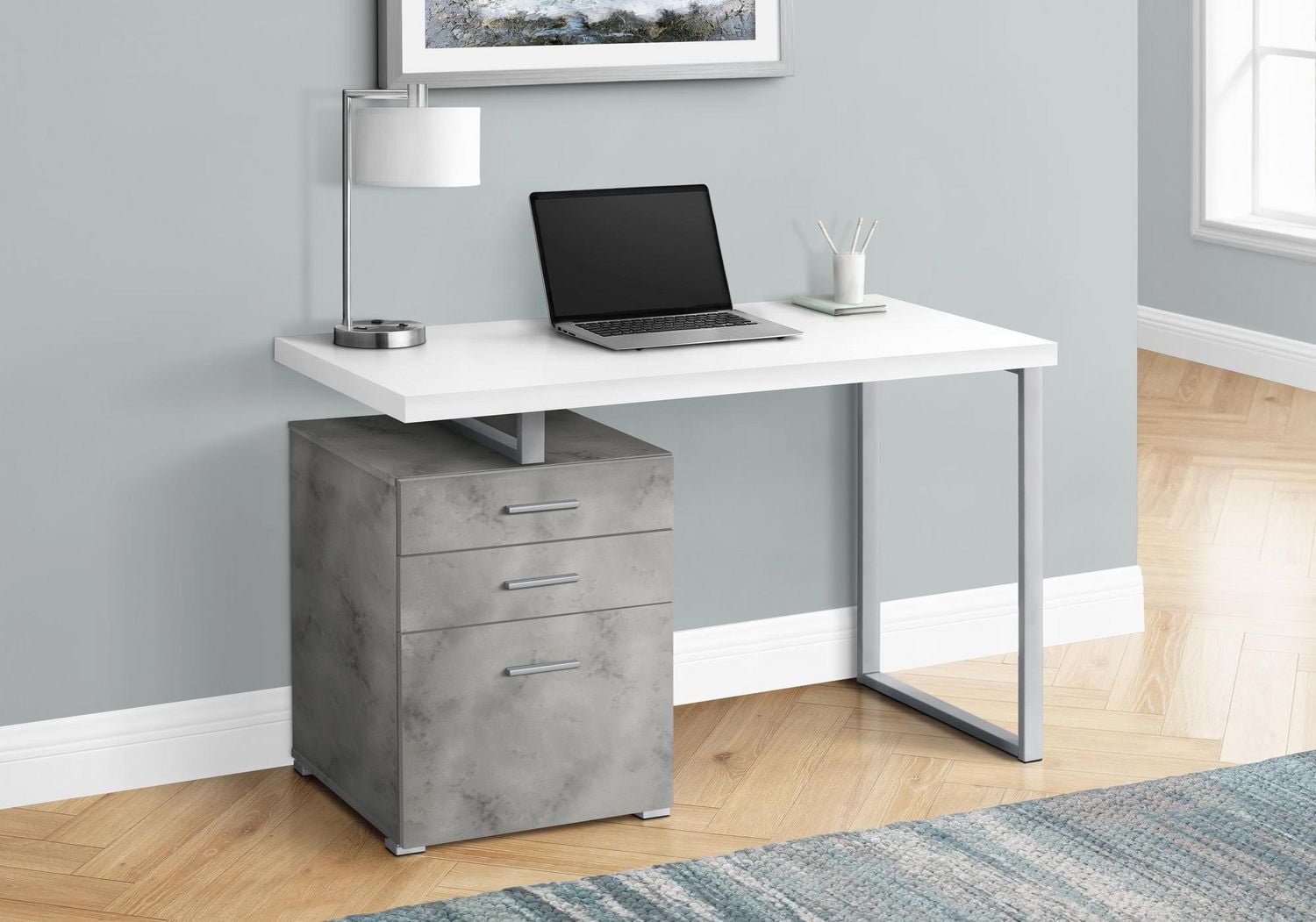 Monarch Specialties Computer Desk, Home Office, Laptop, Left, Right Set-up, Storage Drawers, 48"l, Work, Metal, Laminate, Grey, White, Contemporary, Modern