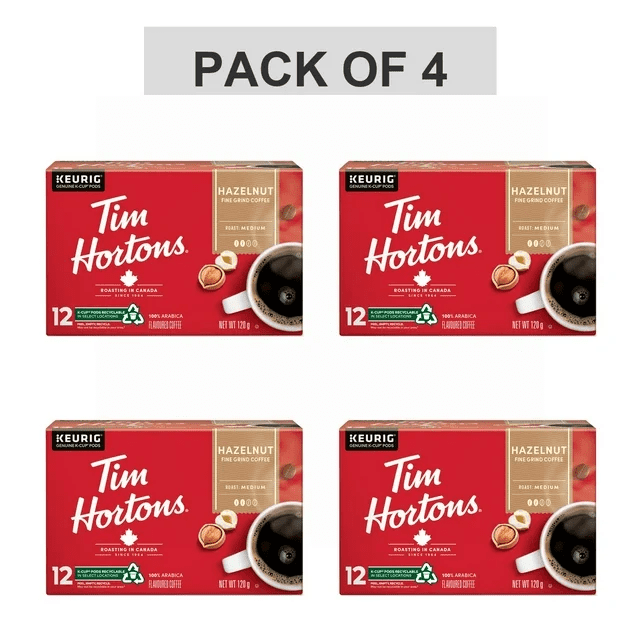 Pack of 4 - Tim Hortons Hazelnut Flavoured Coffee, Single Serve Keurig K-Cup Pods, Medium Roast, 12 Count
