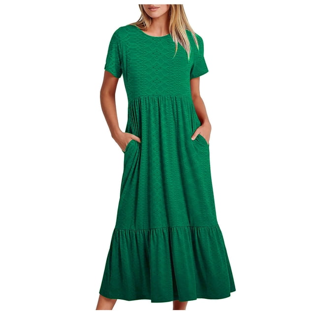 Meichang Robes d'Été pour Femmes 2024 Robes Midi à Oeillets Volants à Étages Col Ras du Cou Manches Courtes Robes avec Poches Couleur Unie Fluides Robes de Plage Vert Armée P